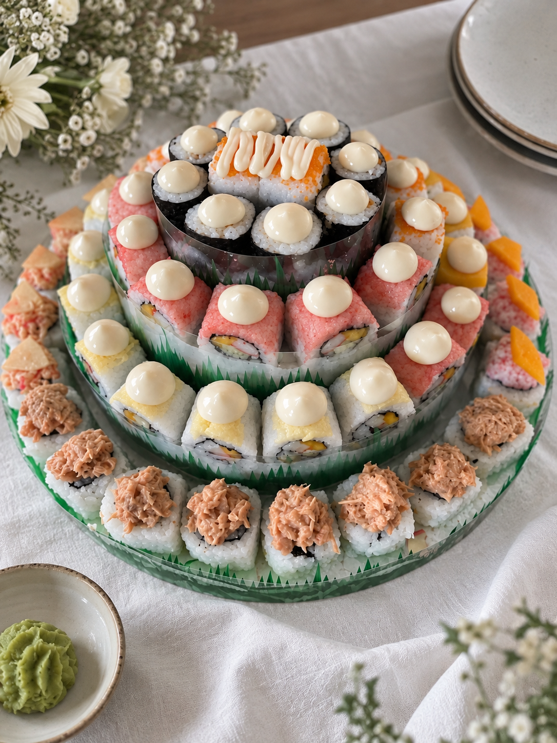 Round tiered sushi cake with maki, crab, salmon and mango toppings