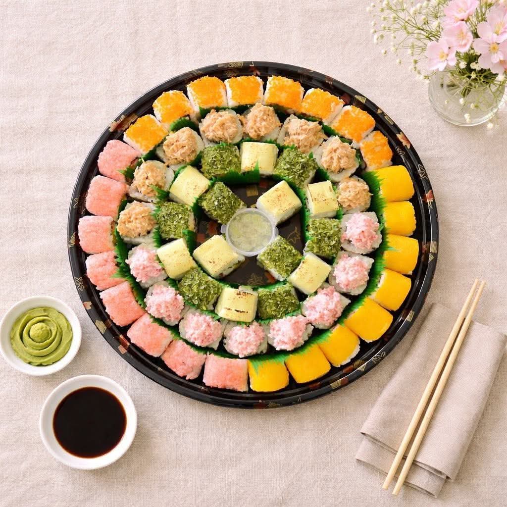 Large party platter with assorted colorful Classic Sushi rolls