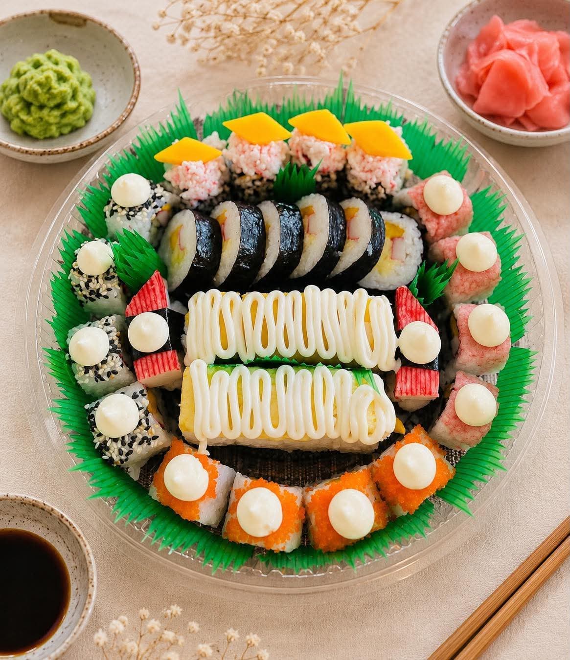 Assorted Classic Sushi platter with maki, mango rolls and crab rolls