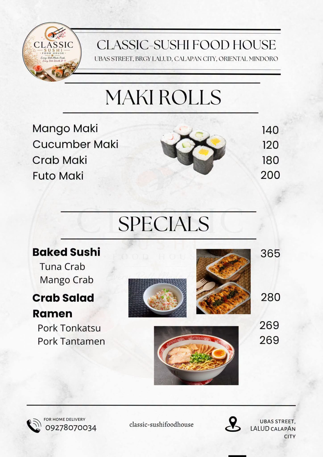 Classic Sushi menu for maki rolls, baked sushi, crab salad and ramen