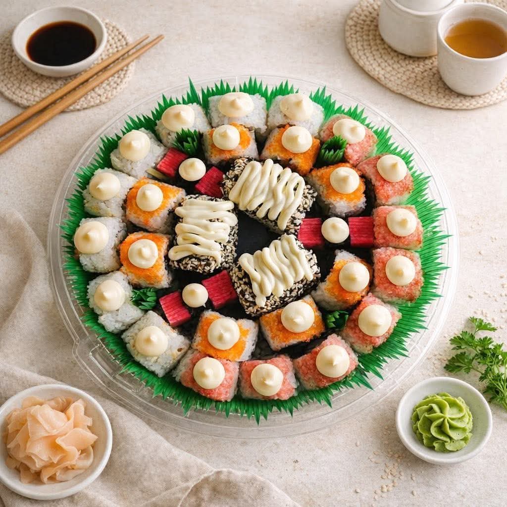 Round Classic Sushi platter with colorful assorted rolls