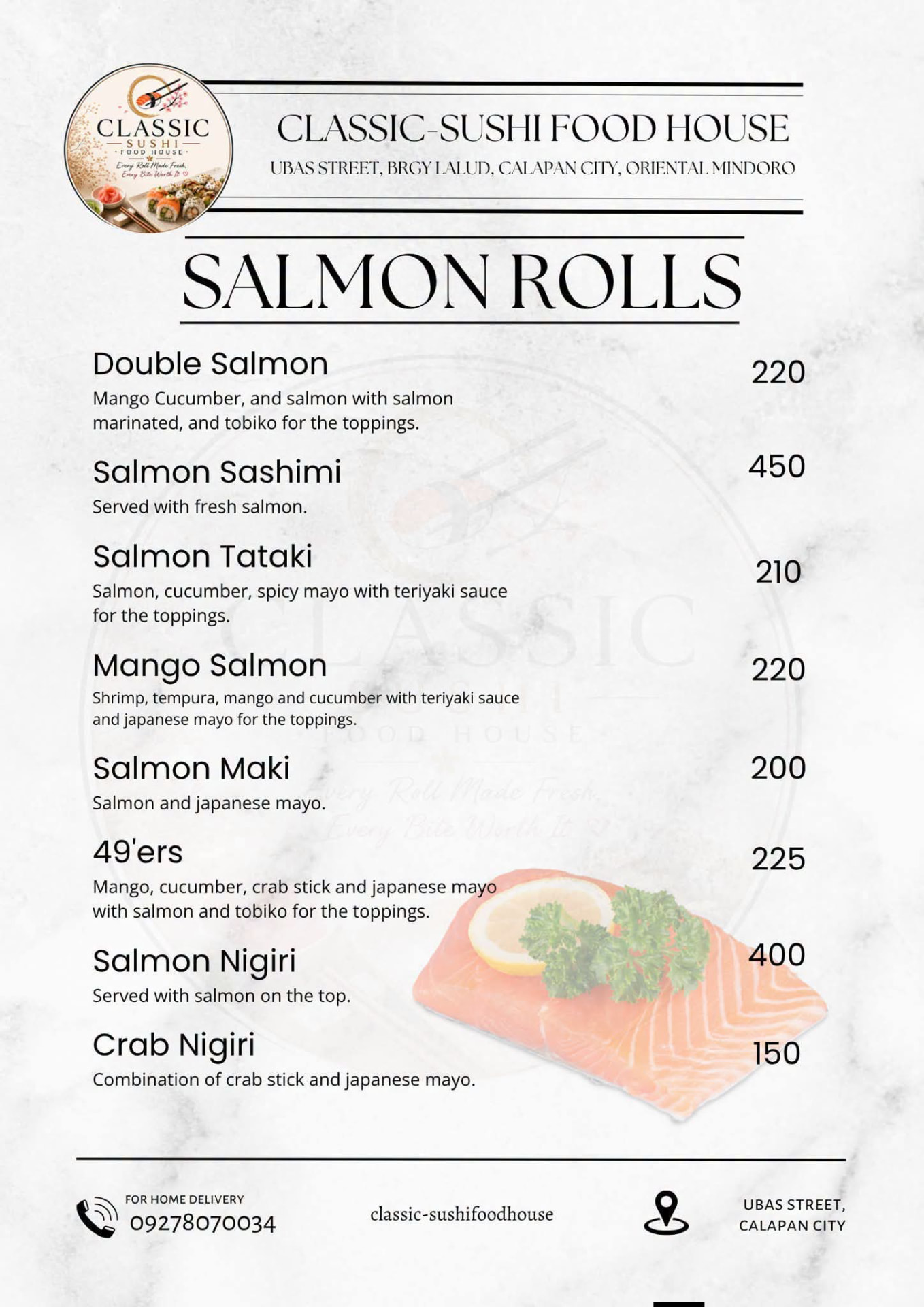 Classic Sushi menu for salmon rolls, sashimi and nigiri