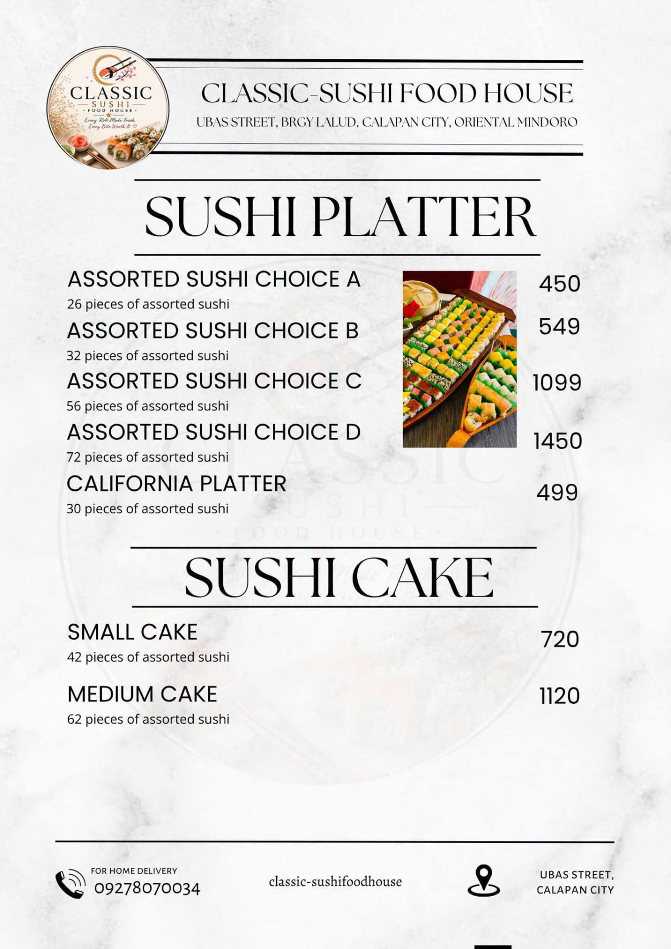 Classic Sushi menu for assorted sushi platters and sushi cakes