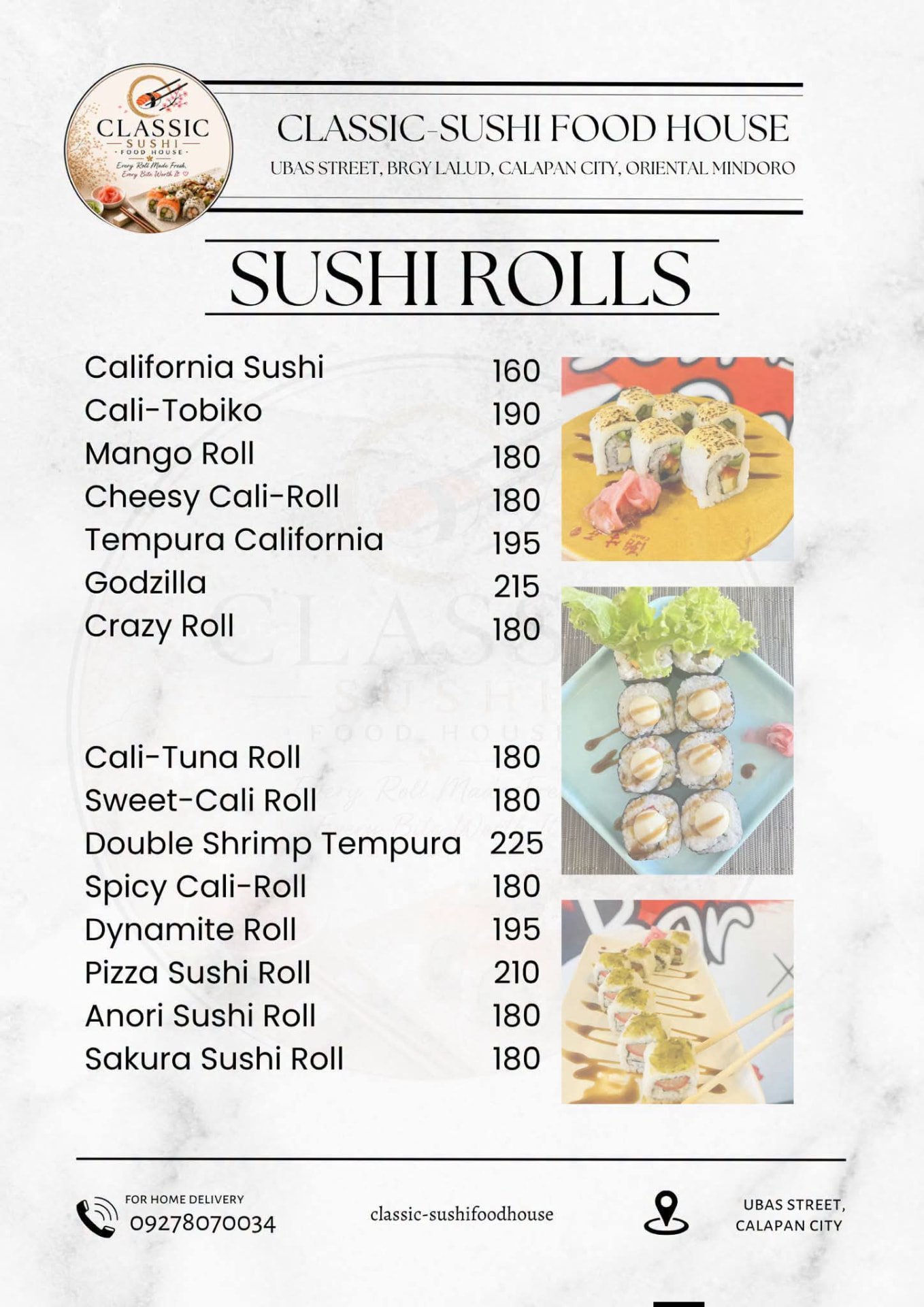 Classic Sushi menu for California and specialty sushi rolls